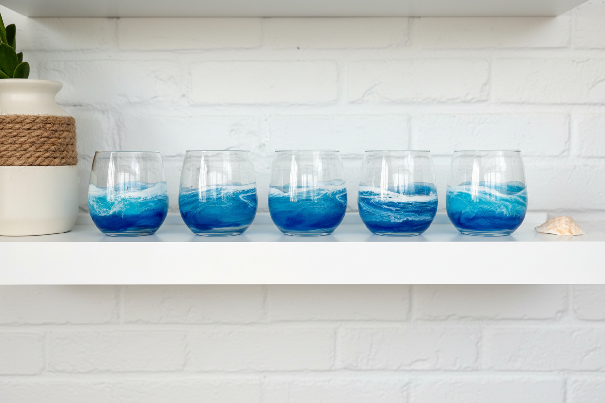 Resin Wave Wine Glass - Set of 6 on Shelf