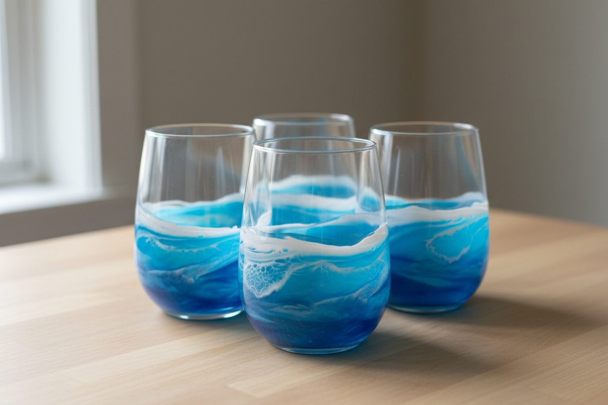 Set of 4 Ocean Wave Wine Glasses - Wooden Table