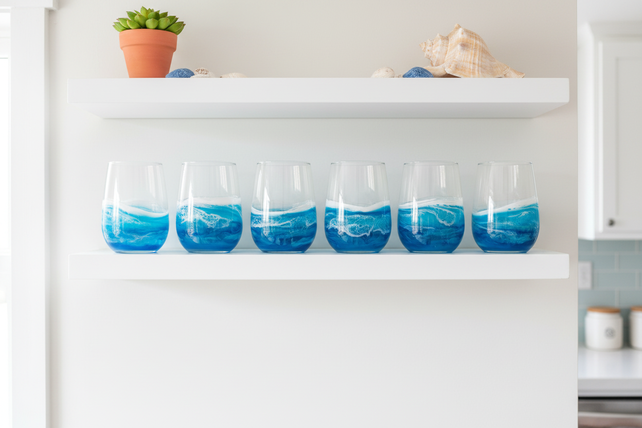 Set of 6 Ocean Wave Wine Glasses - Floating Shelf