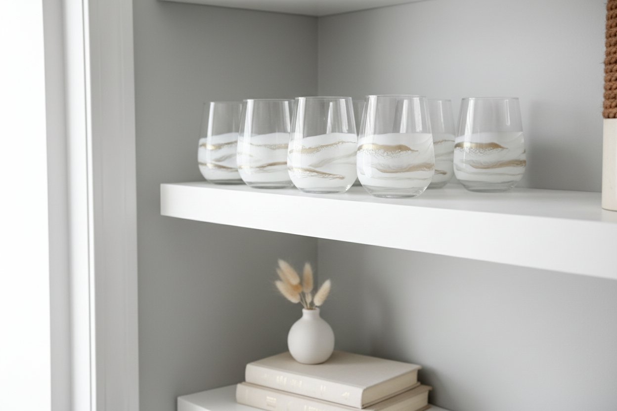 Set of 6 white gold glasses on shelf