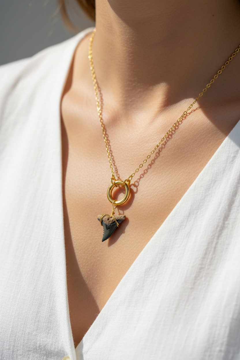 Shark Tooth Necklace Gold - Worn
