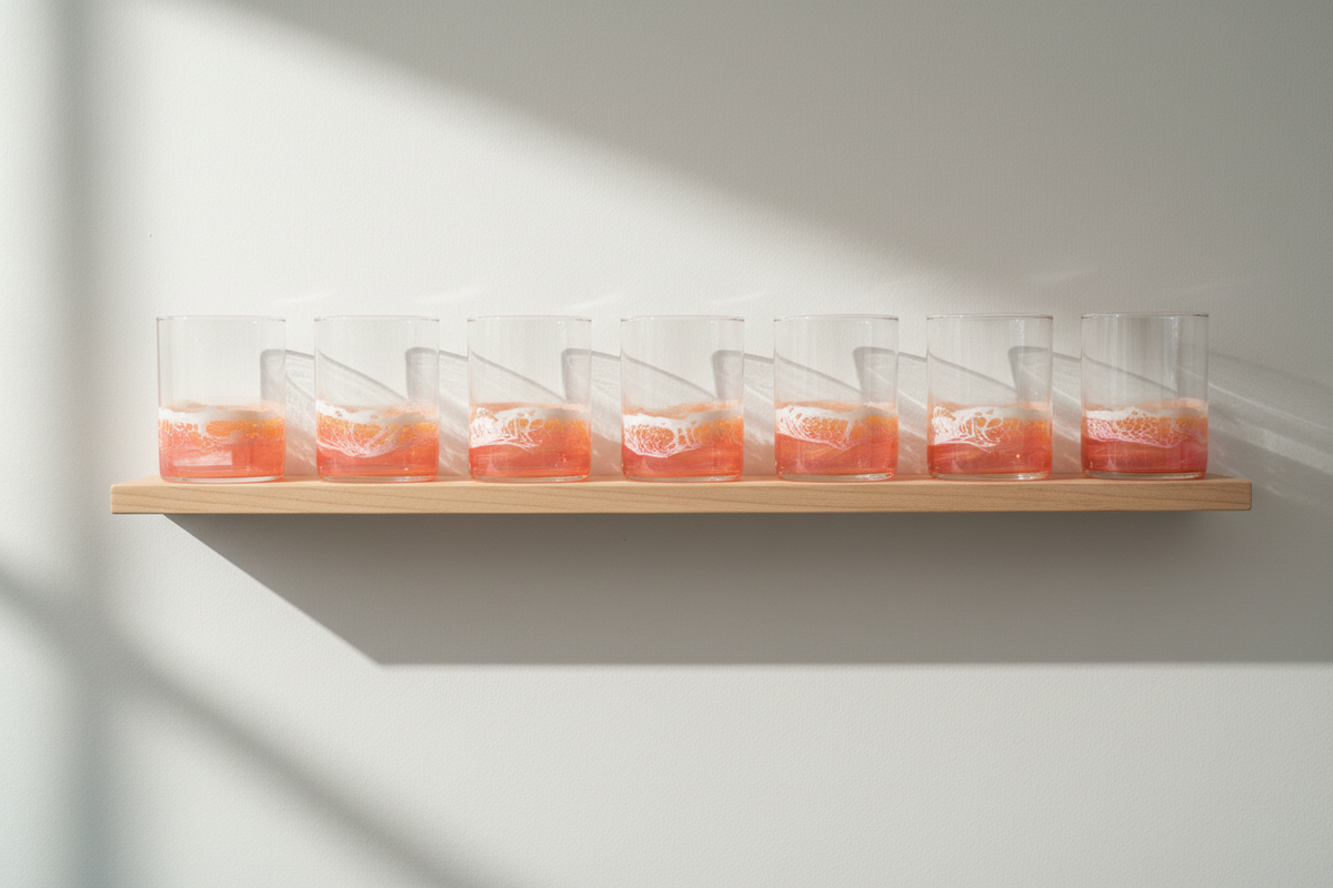 Six glasses on a floating shelf