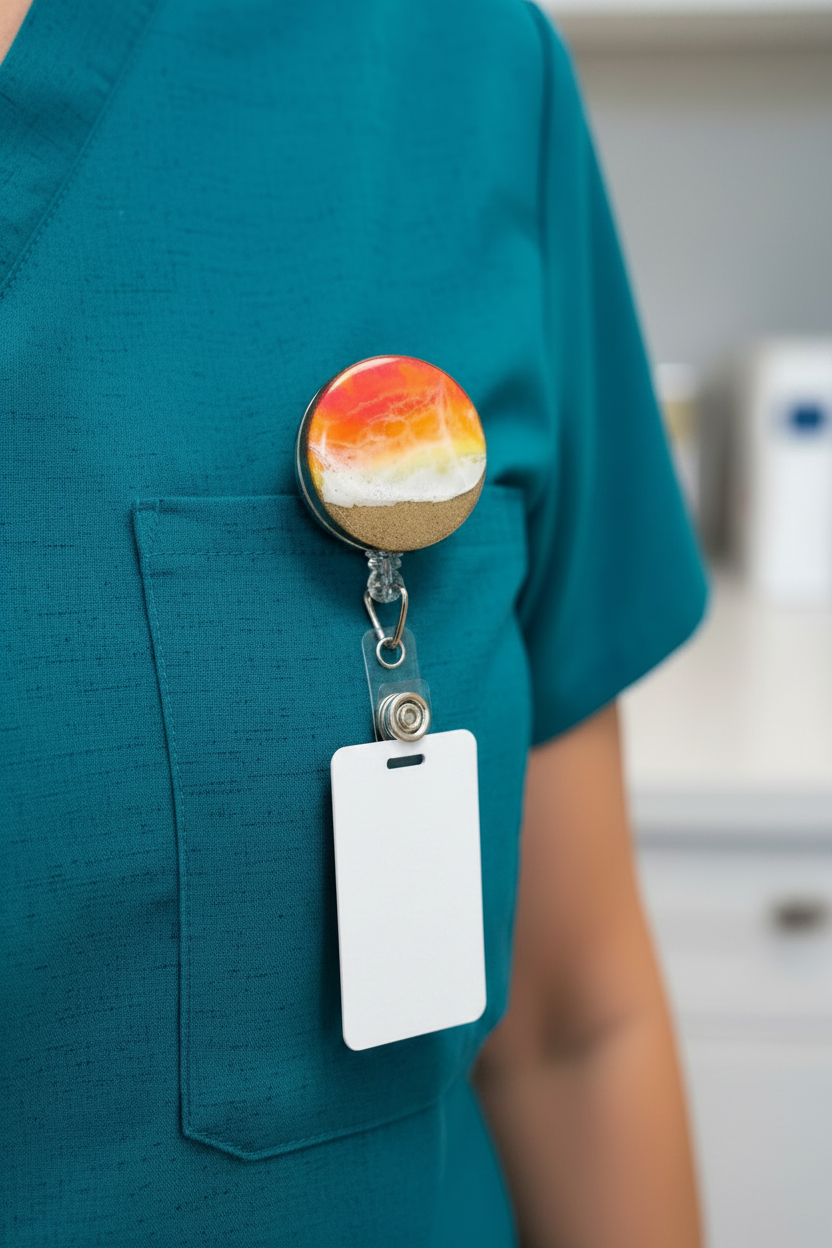 Sunset Badge Reel with ID Badge on Scrubs