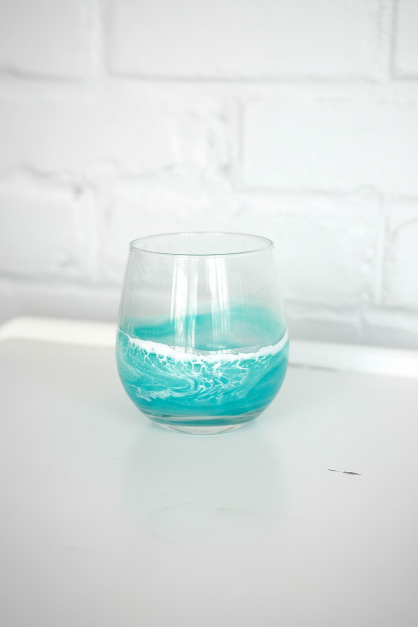 Teal Resin Red Wine Glass - White Wood