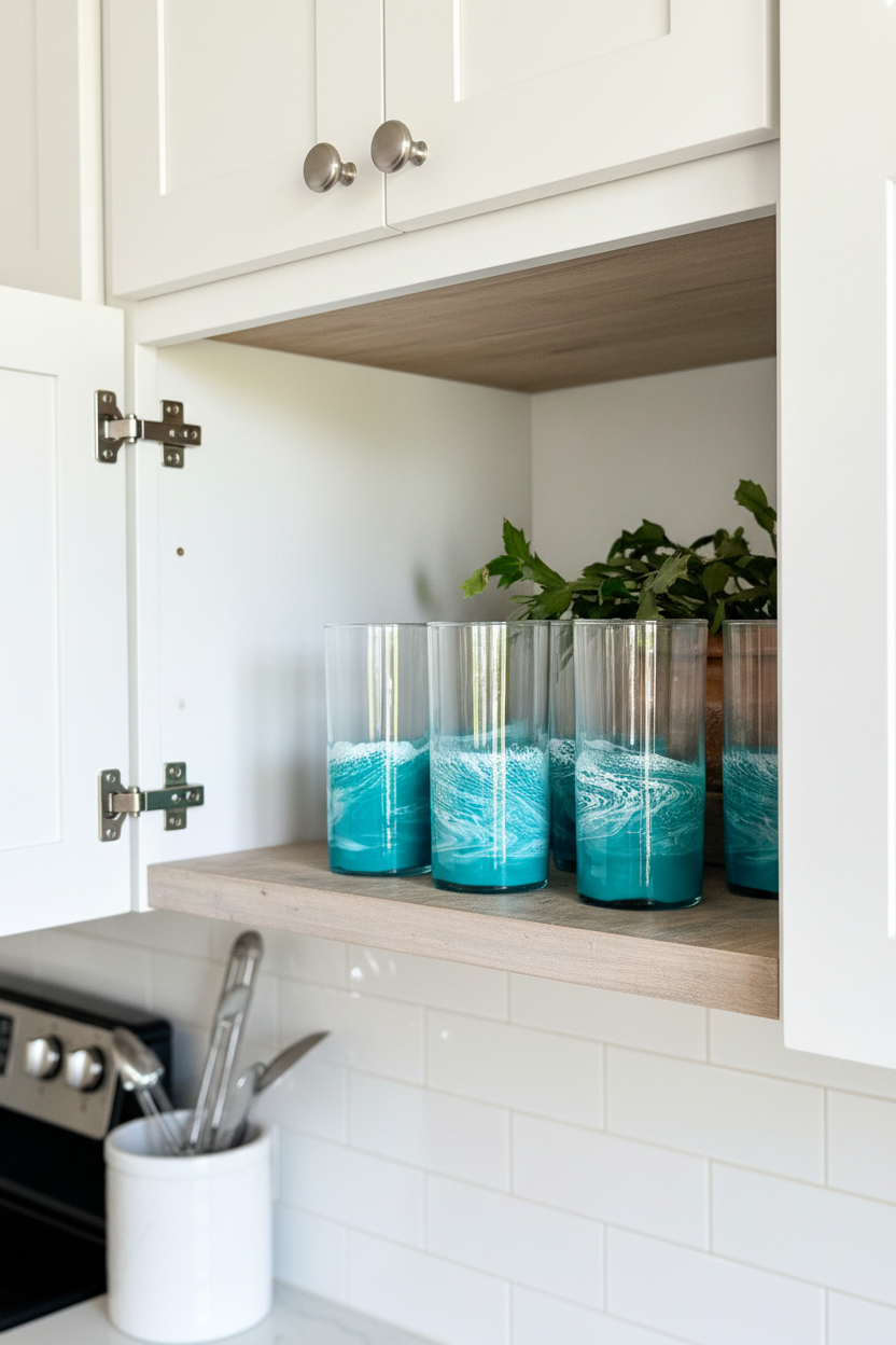 Teal Resin Tumblers in Open Kitchen Cabinet